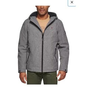 Tommy Hilfiger Mens Softshell Hooded Jacket Grey Heather Fleece Lined Full Zip